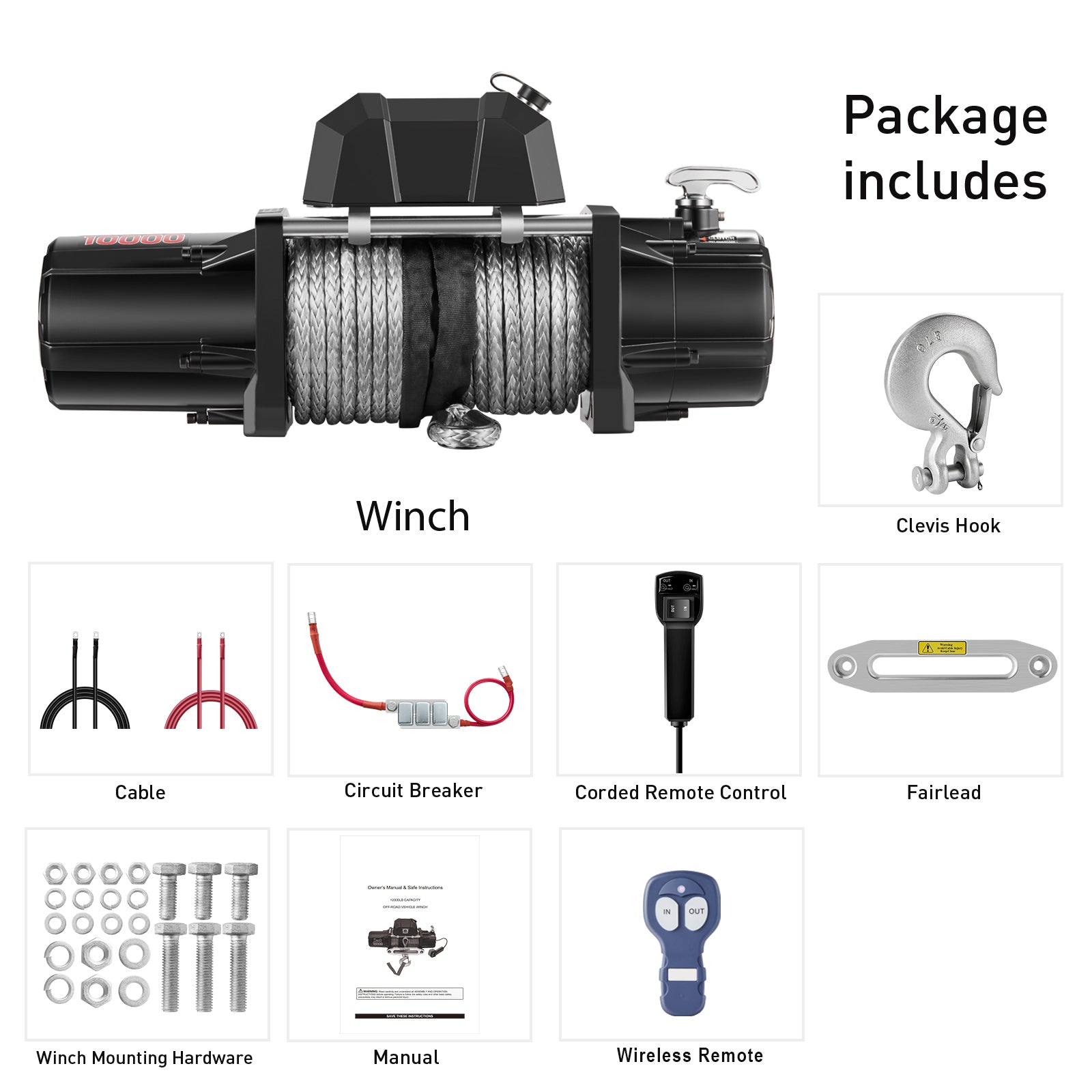 AOTOWO 10000lb. Electric Truck Winch Synthetic Rope 12V, for SUV Trailers Offroad, Waterproof, Wireless Remote