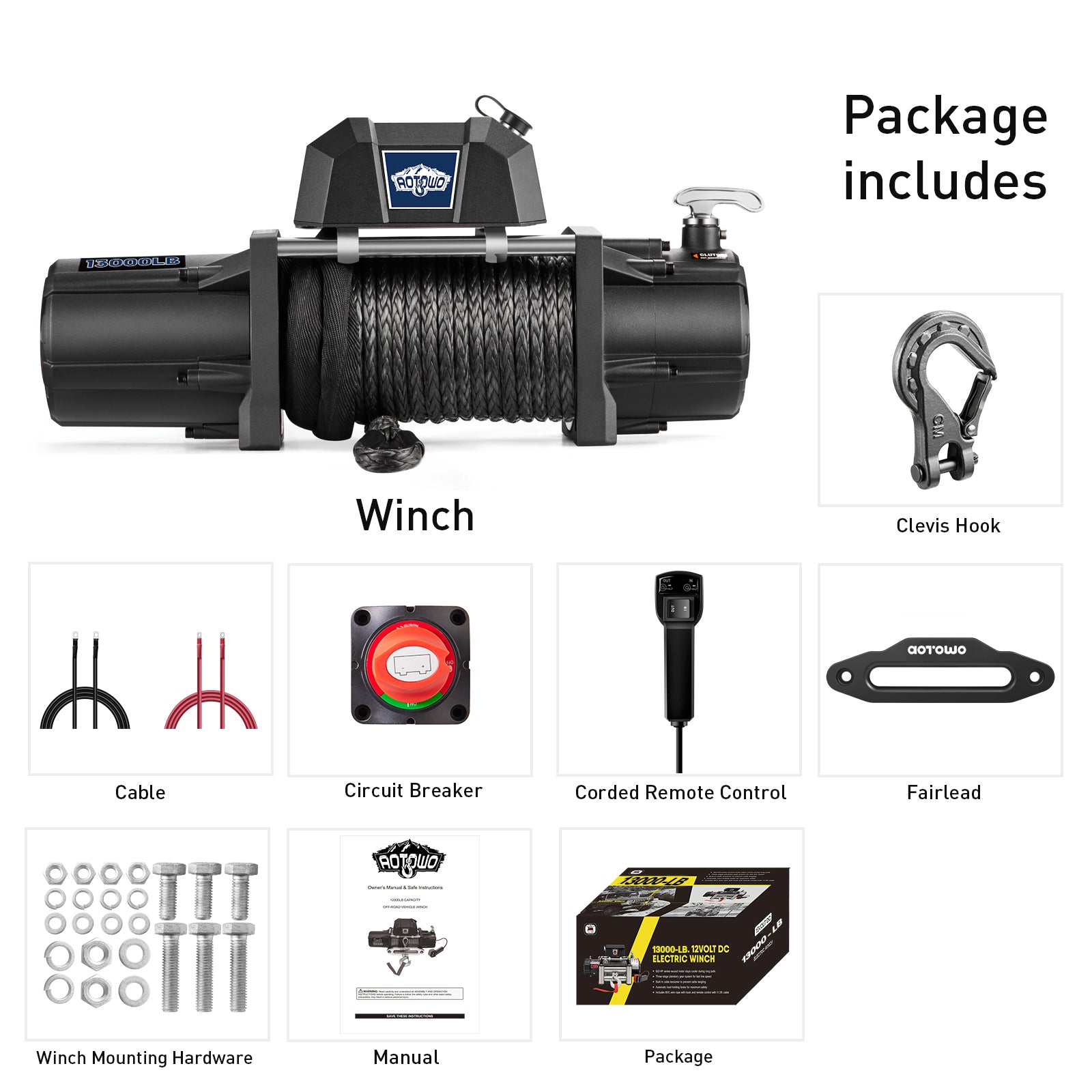 AOTOWO 13000 lb. Premium Electric Winch 12V Waterproof Synthetic Rope