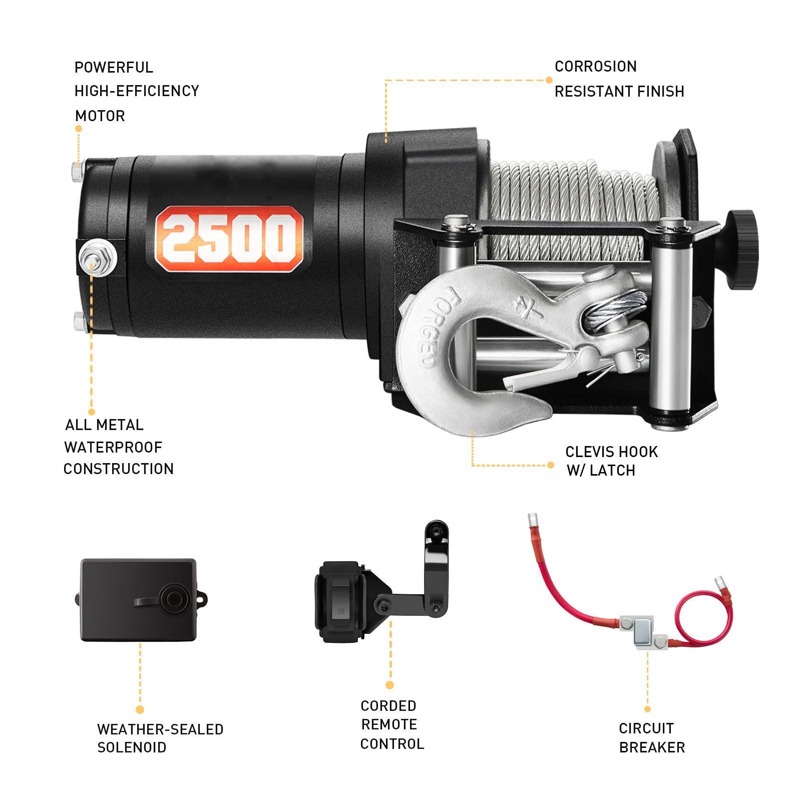 AOTOWO 2500-lb. ATV Winch Kit with Mini-Rocker, Galvanized Steel, Waterproof