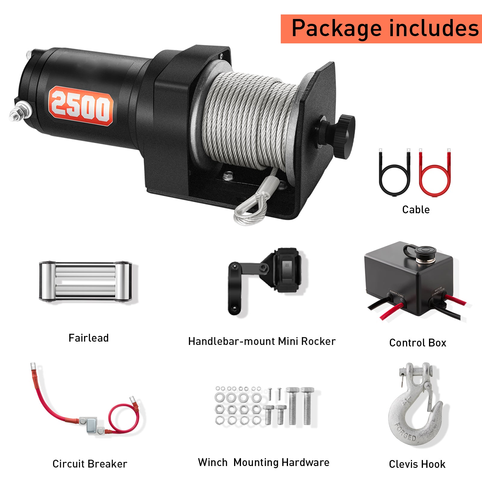 AOTOWO 2500-lb. ATV Winch Kit with Mini-Rocker, Galvanized Steel, Waterproof