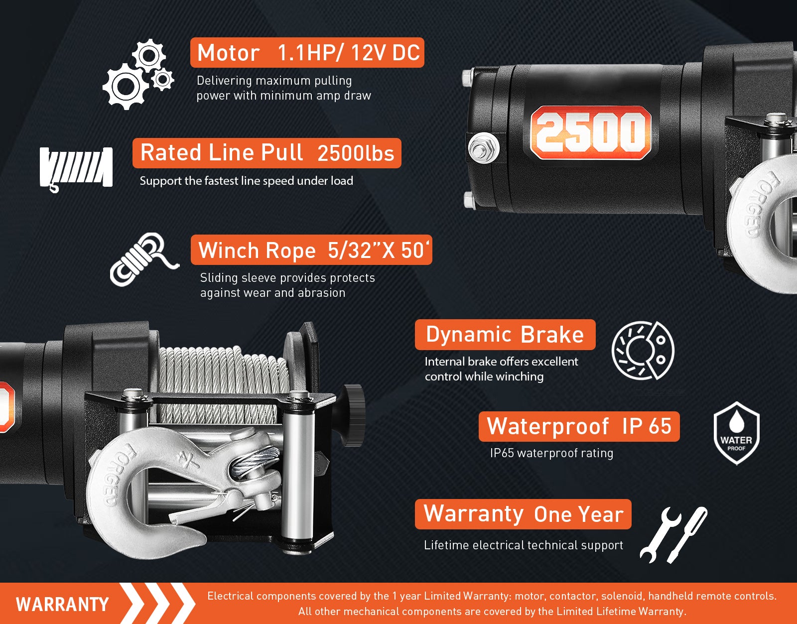 AOTOWO 2500-lb. ATV Winch Kit with Mini-Rocker, Galvanized Steel, Waterproof