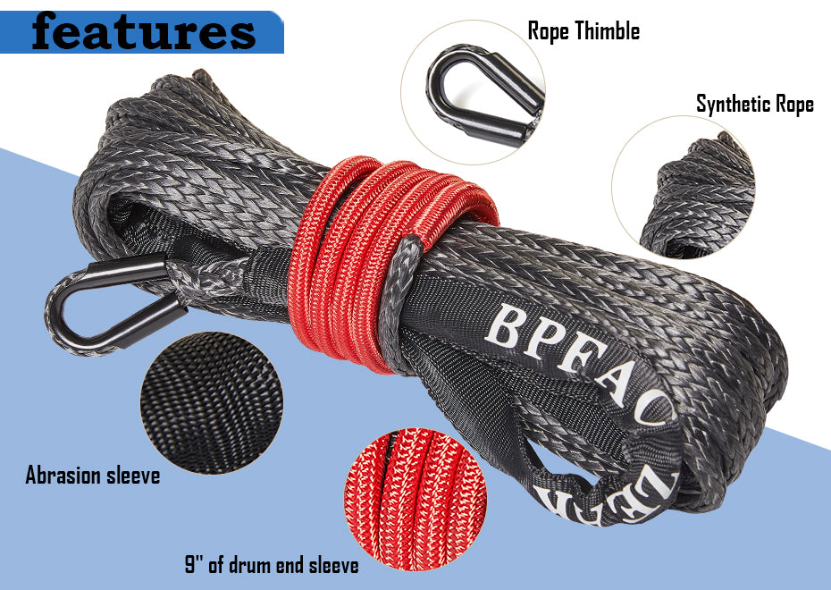 BPFAC ZEAK 1/4'' x 49' Black Synthetic Rope 7500lb Breaking Strength Heavy Duty Winch Rope