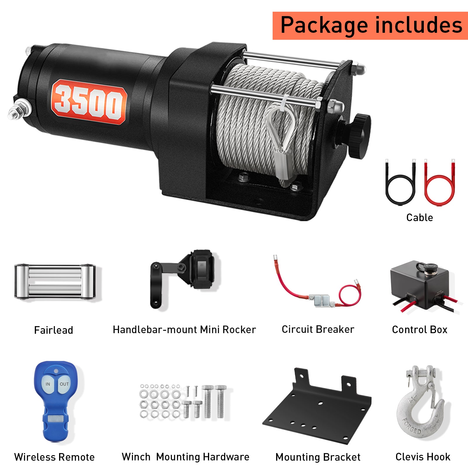 AOTOWO 12V DC 3500 lb. ATV/UTV Electric Winch Kit, Steel Cable with Wireless Remote, Mini-Rocker, Bracket
