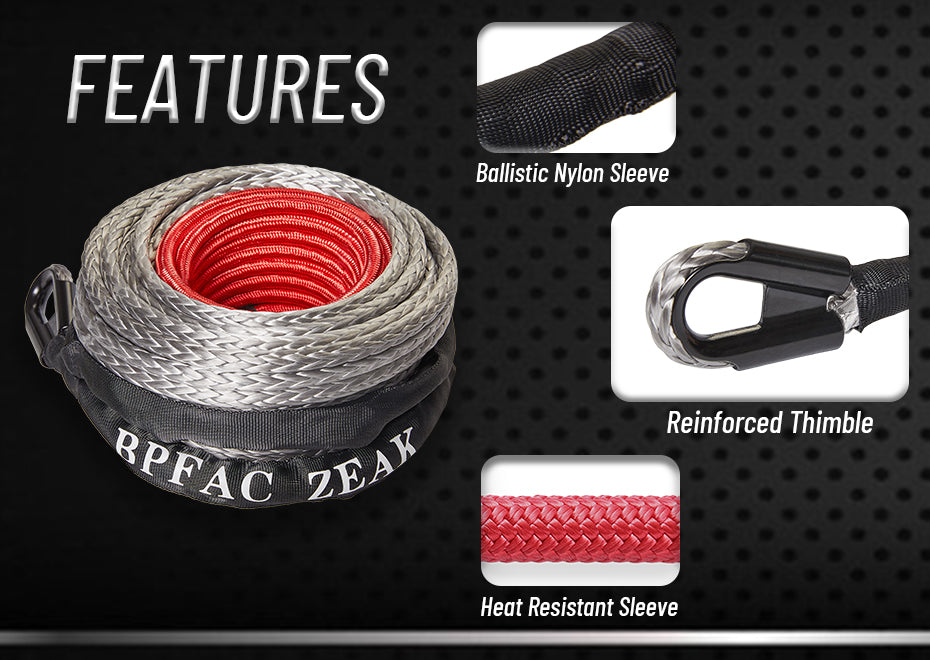 BPFAC ZEAK 1/2''×65' Durable Gray Synthetic Line with Protective Sleeve Powerful Winch Rope