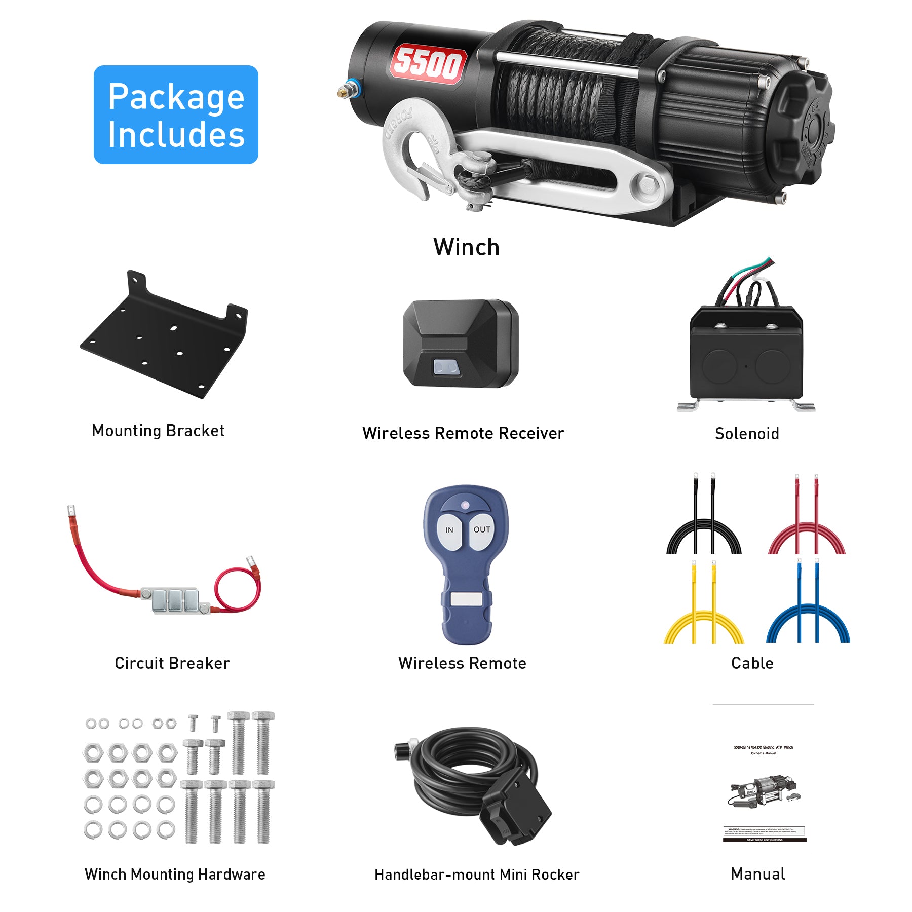 5500 lb Synthetic Rope Winch, with Wireless Remote Bracket, Handlebar Switch, for ATV UTV Powersports Off Road