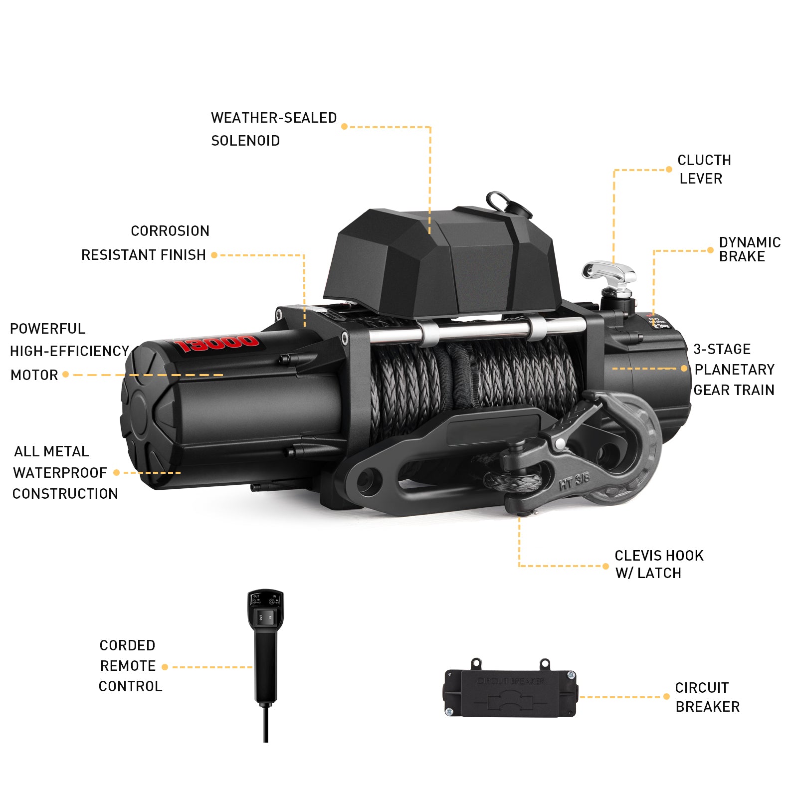 AOTOWO 13000 lb. Premium Electric Winch 12V Waterproof Synthetic Rope