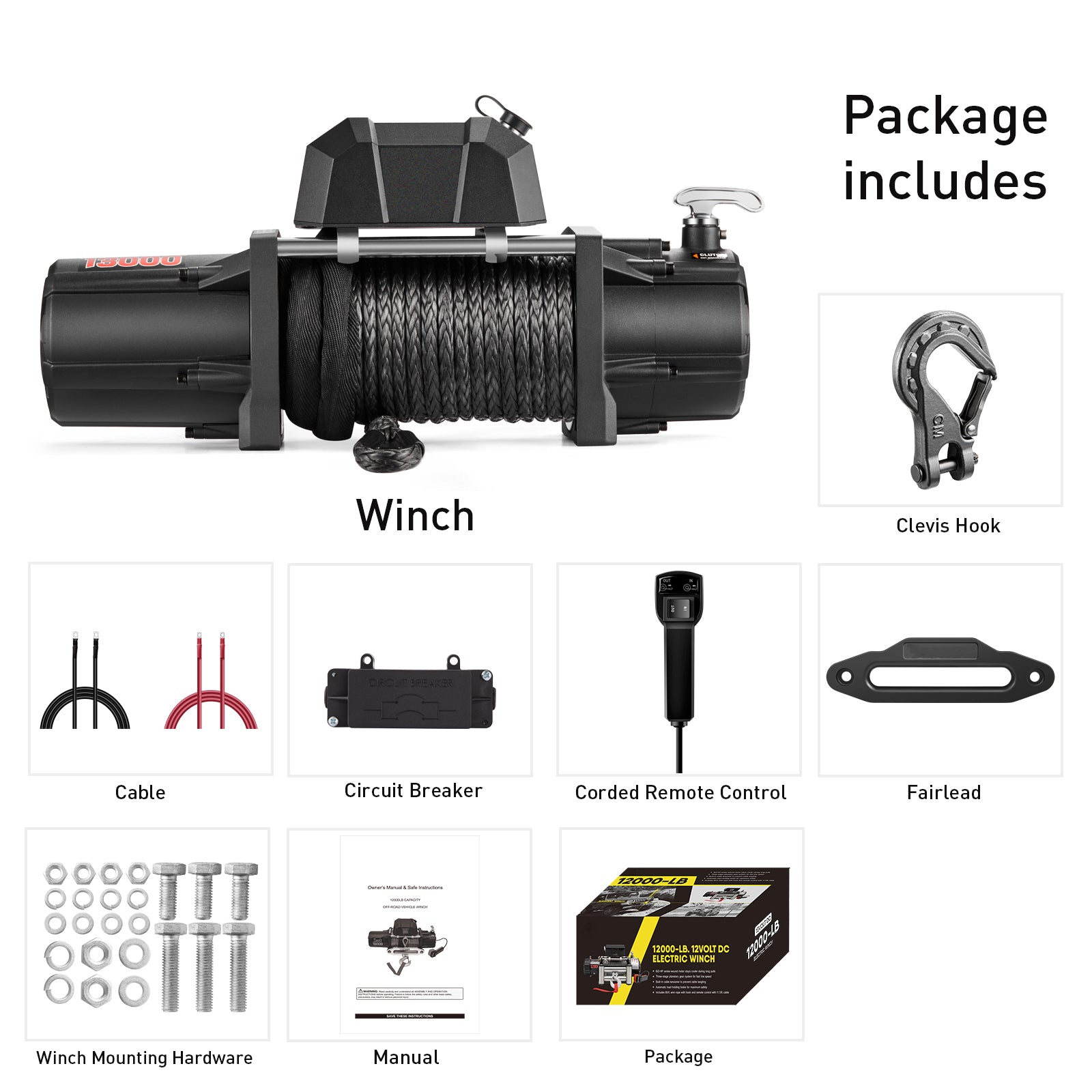 AOTOWO 13000 lb. Premium Electric Winch 12V Waterproof Synthetic Rope