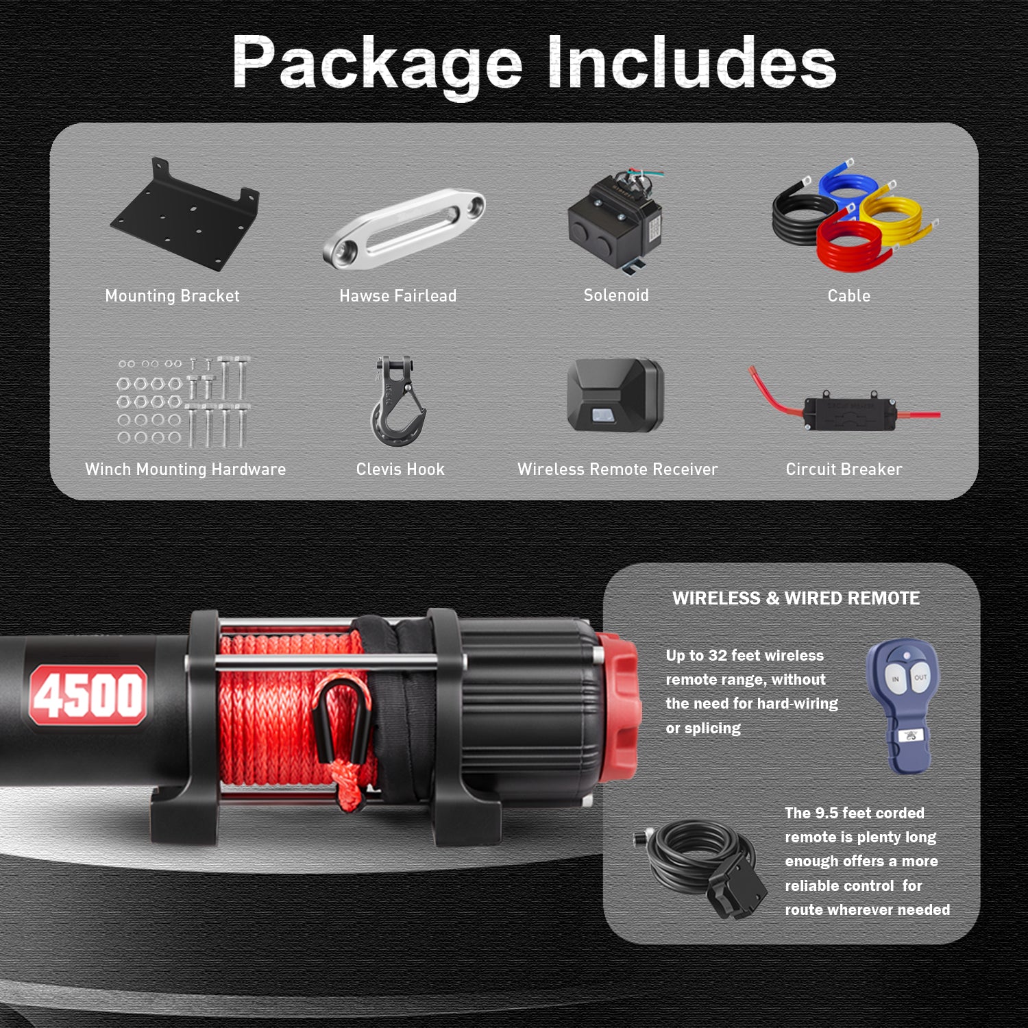 AOTOWO ATV Winch 4500lbs 12V Electric Winch, Synthetic Rope UTV Winch for Off Road Trailer Towing Winch, with Mounting Bracket/Wireless Remote Control