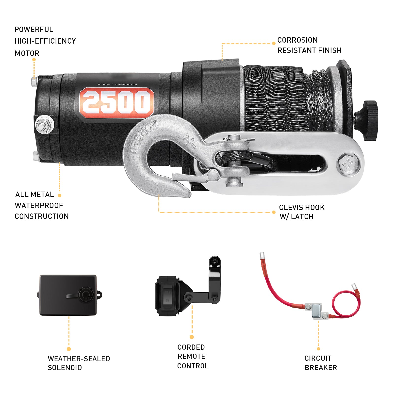 AOTOWO 2500 lb. Advanced Off-Road 12V DC ATV/UTV Electric Winch, Synthetic Rope with Mini-Rocker Solenoid Kit