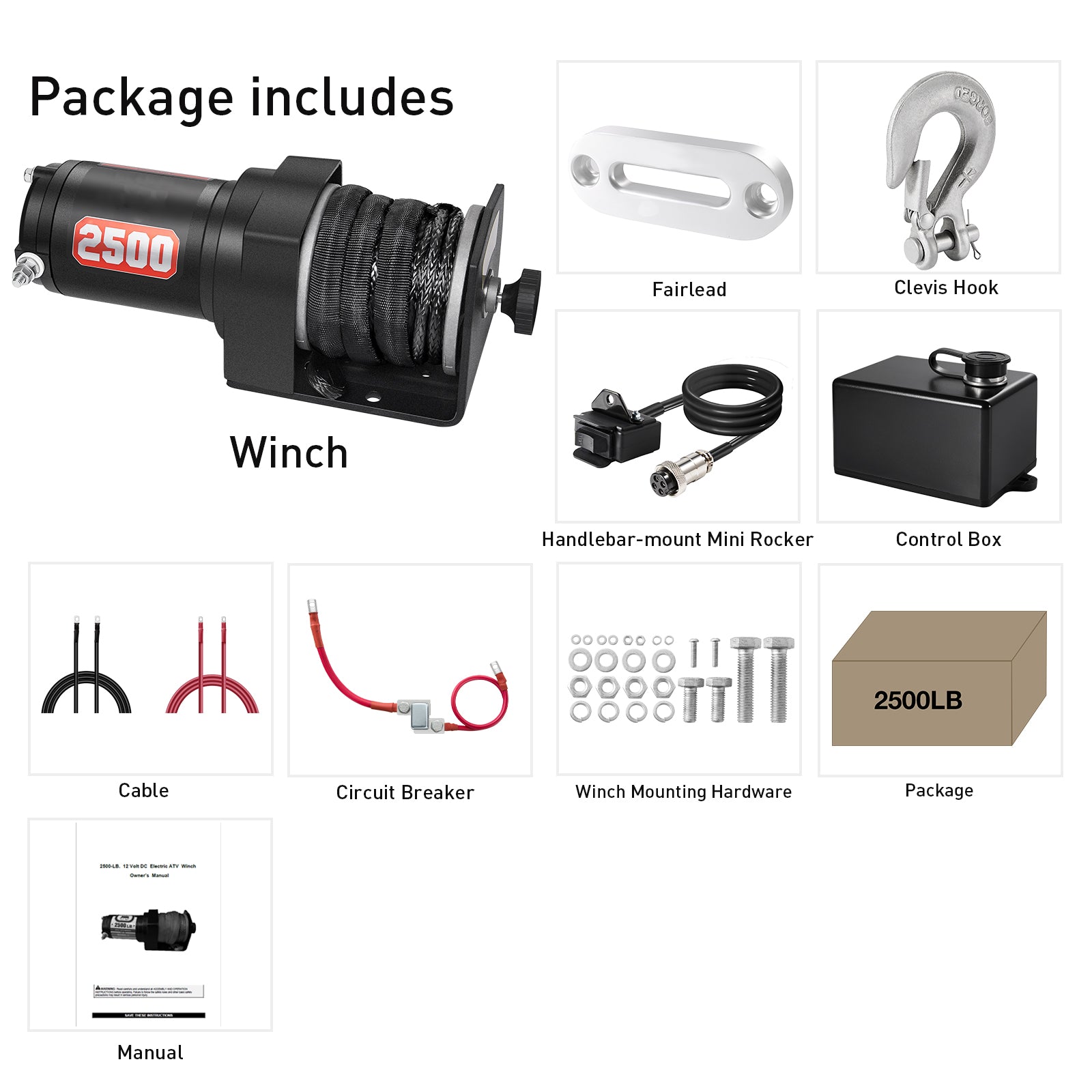 AOTOWO 2500 lb. Advanced Off-Road 12V DC ATV/UTV Electric Winch, Synthetic Rope with Mini-Rocker Solenoid Kit