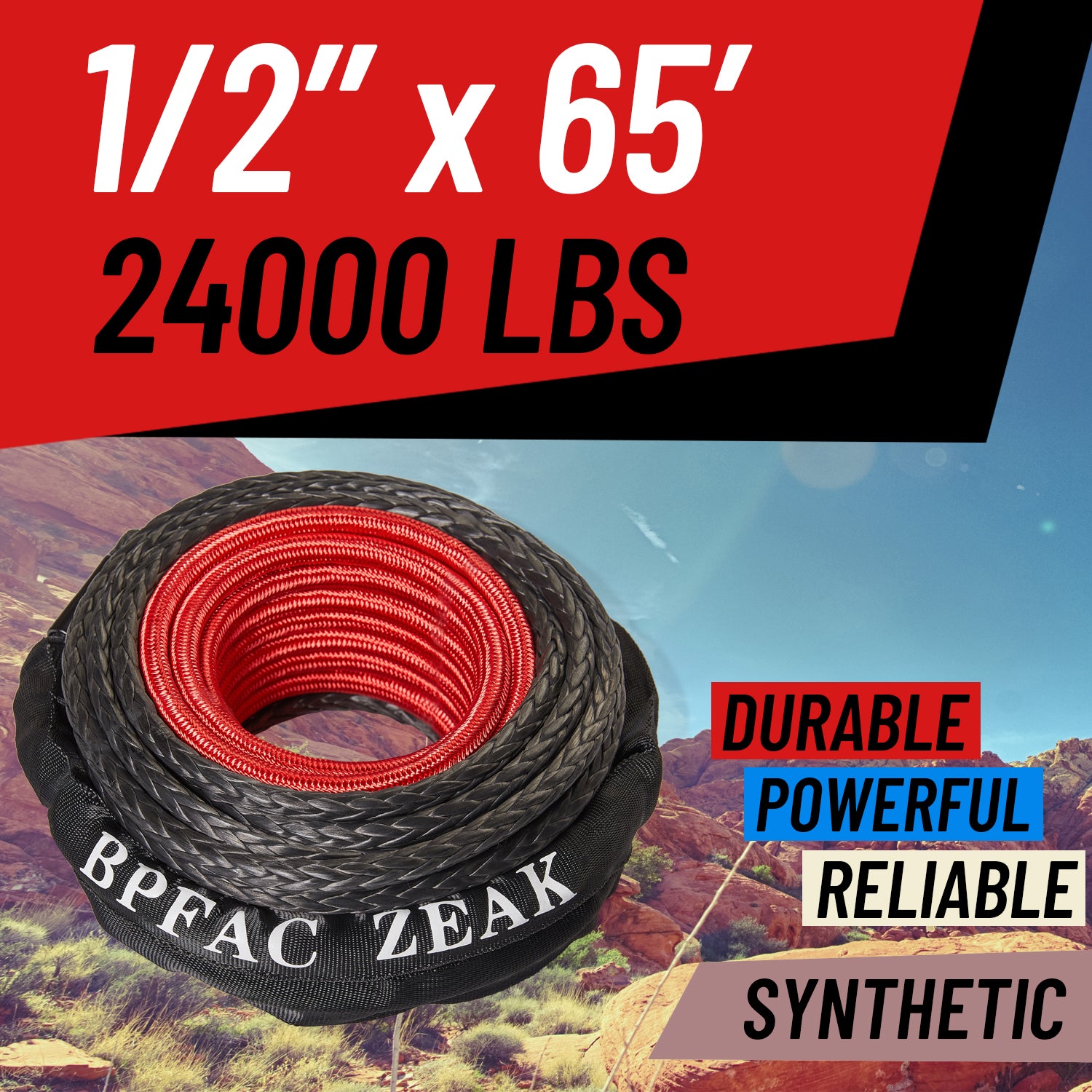 BPFAC ZEAK 1/2'' x 65' Black Synthetic Winch Rope with Protective Sleeve for Truck 4WD Off-Road Vehicle Winch Accessory