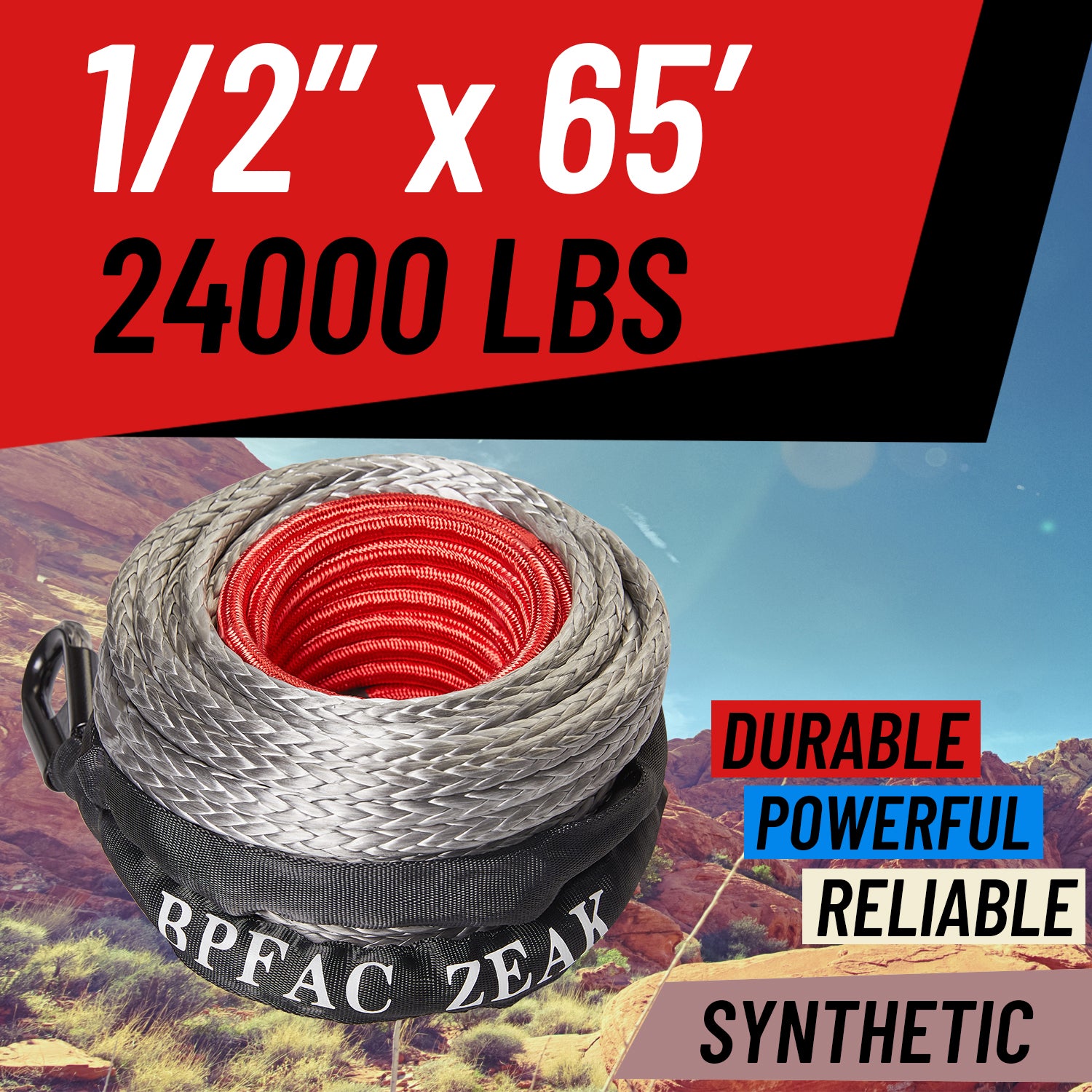 BPFAC ZEAK 1/2''×65' Durable Gray Synthetic Line with Protective Sleeve Powerful Winch Rope