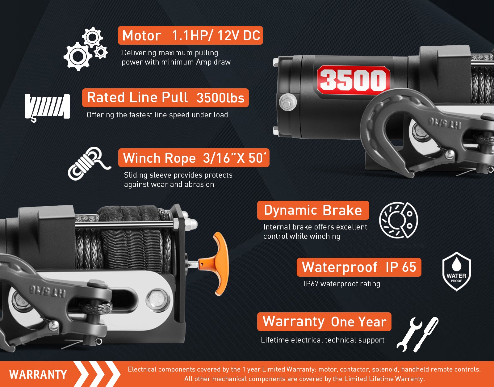 3500 lb. Advanced 12V DC Electric Winch, Off Road Waterproof, Synthetic Rope, Mount, for Sports car, ATV