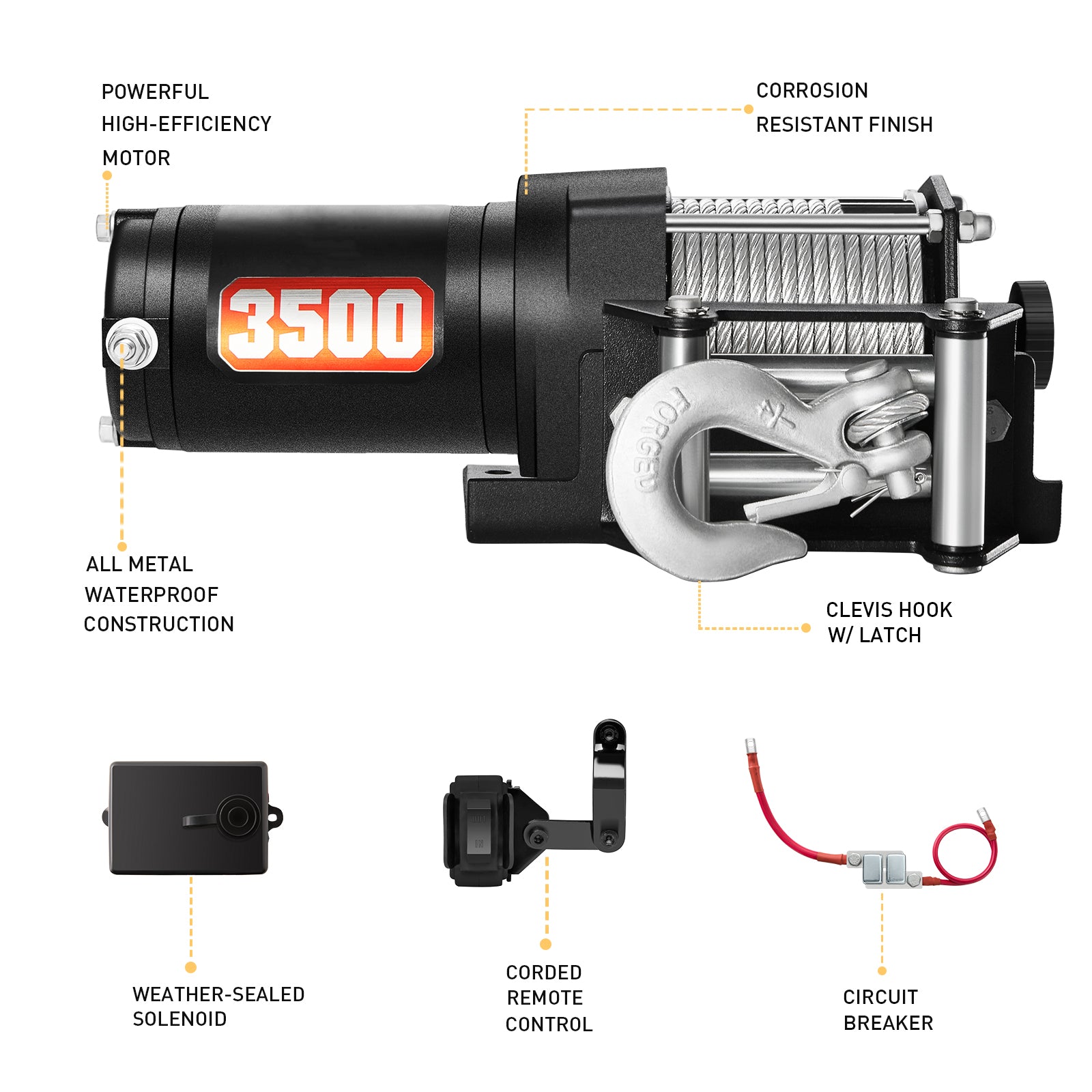 AOTOWO 12V DC 3500 lb. ATV/UTV Electric Winch Kit, Steel Cable with Wireless Remote, Mini-Rocker, Bracket