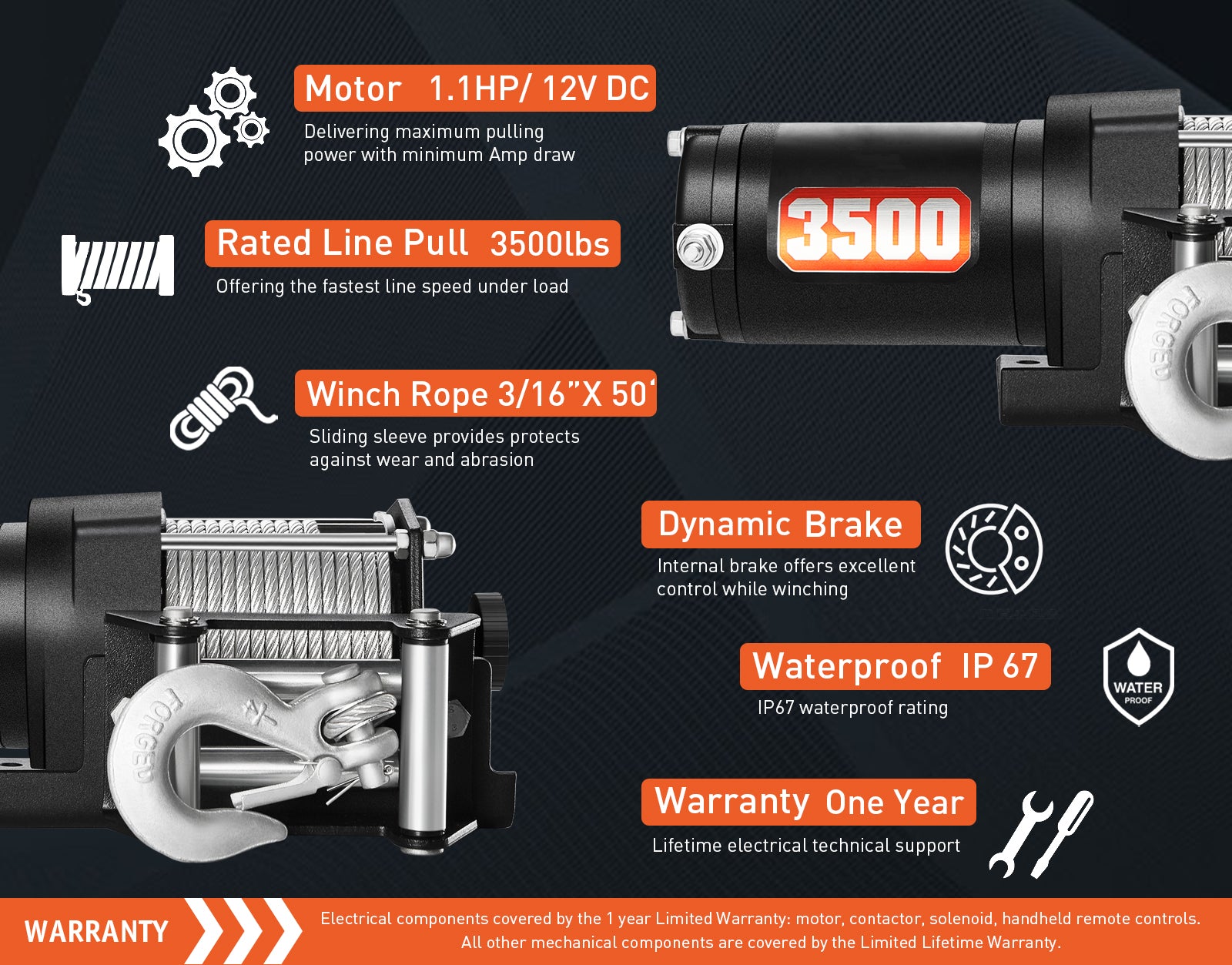 AOTOWO 12V DC 3500 lb. ATV/UTV Electric Winch Kit, Steel Cable with Wireless Remote, Mini-Rocker, Bracket