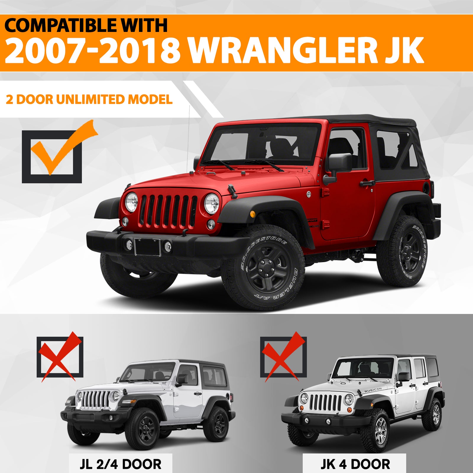 Running Boards Side Steps Compatible with 2007-2018 Jeep Wrangler JK 2 Doors, Unique Style Bolt-on Steel, Black Powder Coated Nerf Bar