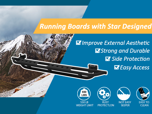 Steel Running Boards Compatible with 2018-2024 Jeep Wrangler JL 4 Door, Step Plate Rock Slider Rail with Stars Designed