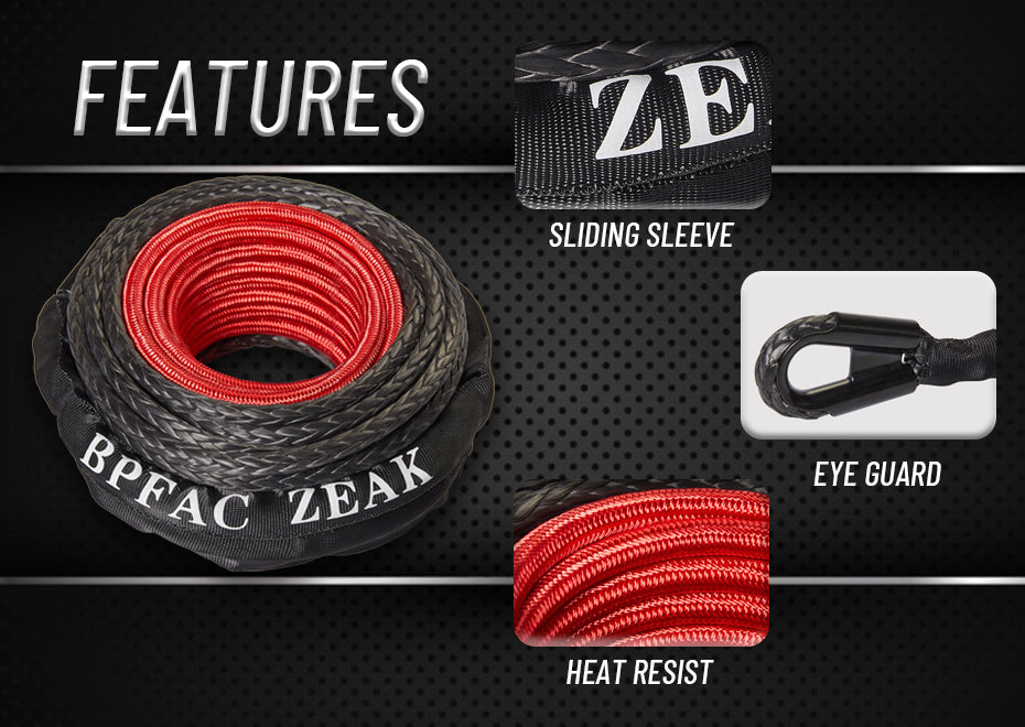 BPFAC ZEAK 1/2'' x 65' Black Synthetic Winch Rope with Protective Sleeve for Truck 4WD Off-Road Vehicle Winch Accessory