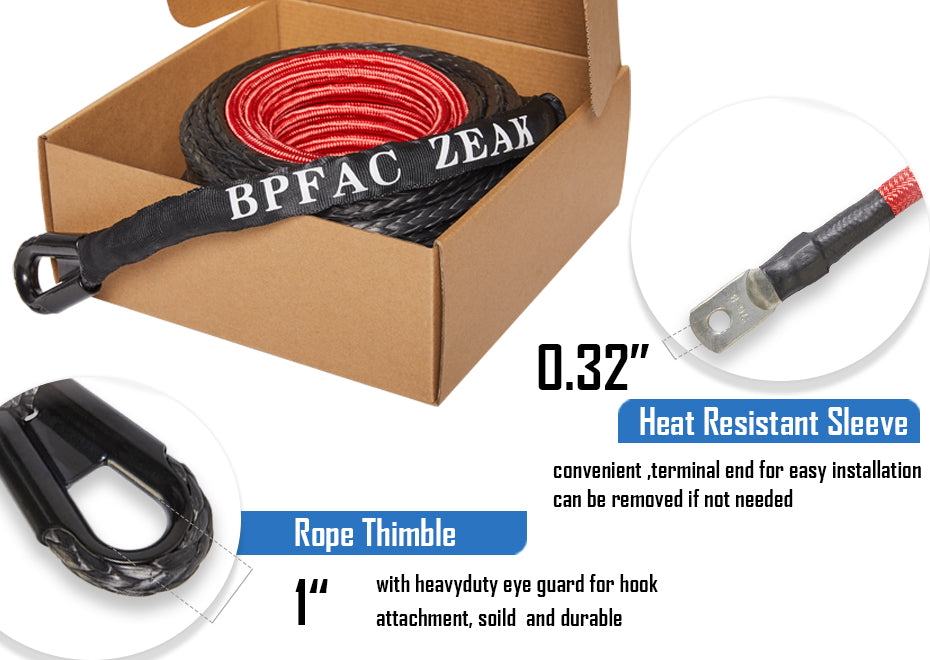 BPFAC ZEAK 1/2'' x 65' Black Synthetic Winch Rope with Protective Sleeve for Truck 4WD Off-Road Vehicle Winch Accessory