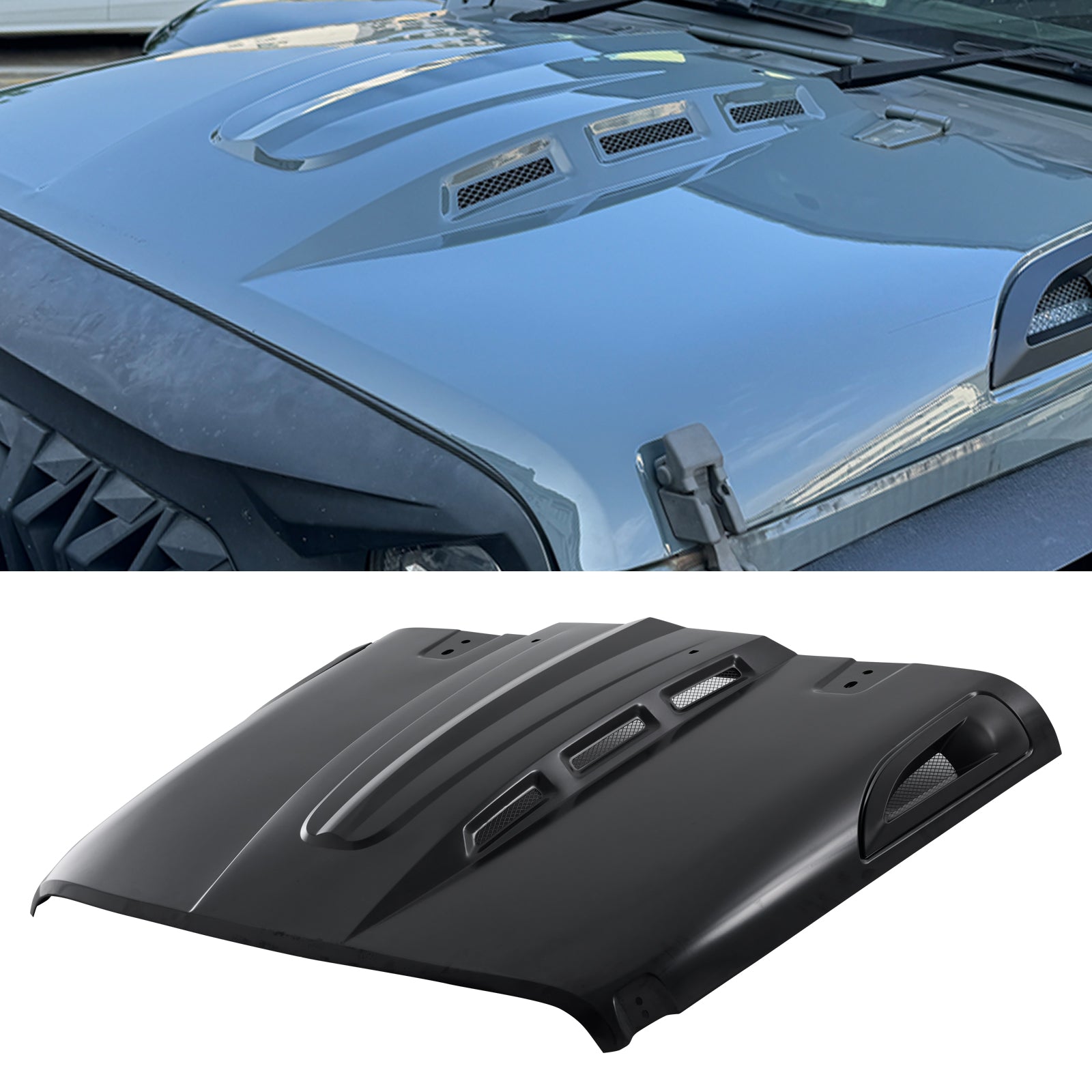 The Avenger Style Replacement Hood with Functional Air Vents fits 07-18 Jeep Wrangler JK Under-hood Insulation Included