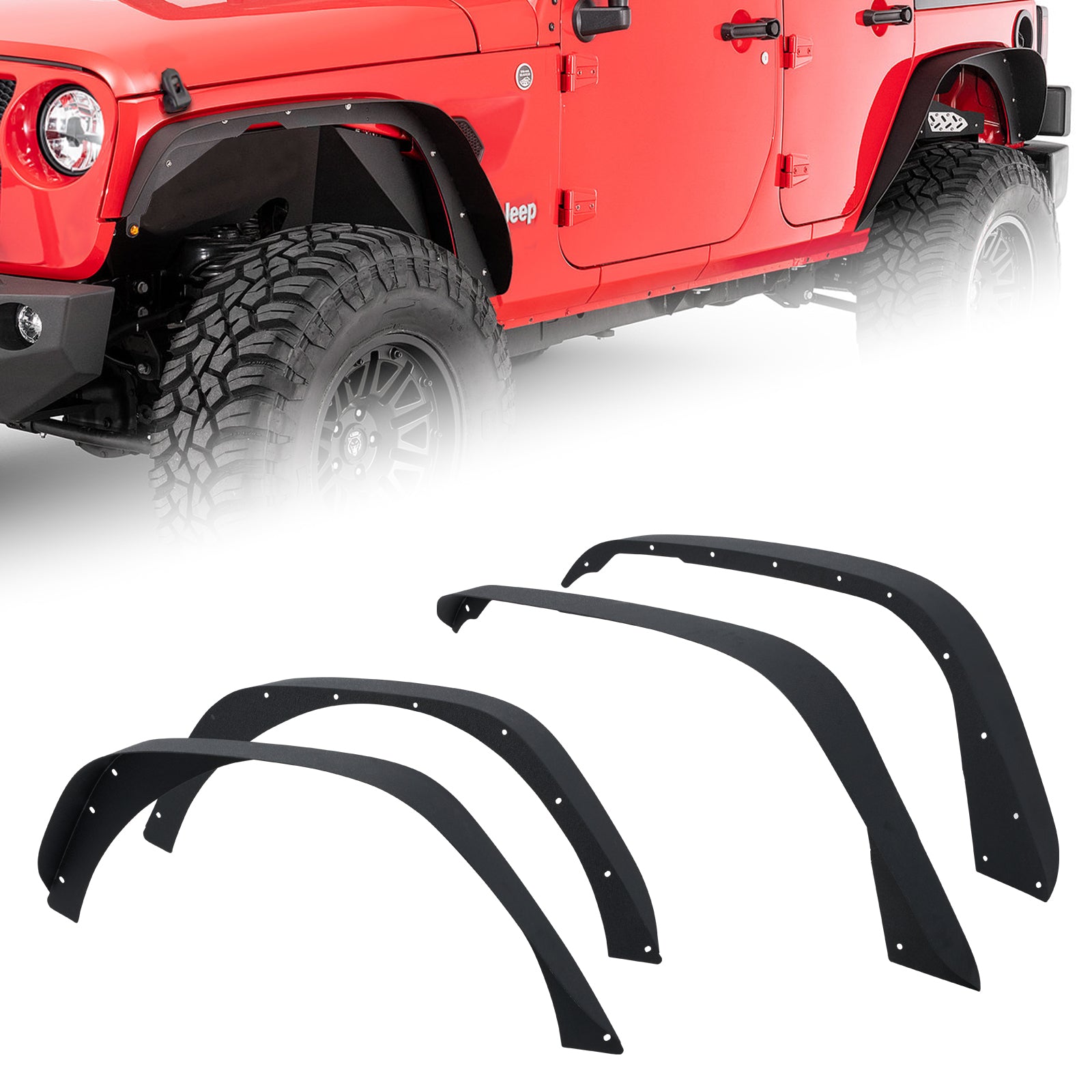 Flat Front & Rear Fender Flares Compatible with 2018-2024 Jeep Wrangler JL JLU 4 PCS Off-Road Steel Liner Set Mud Guards Textured Black Heavy Duty