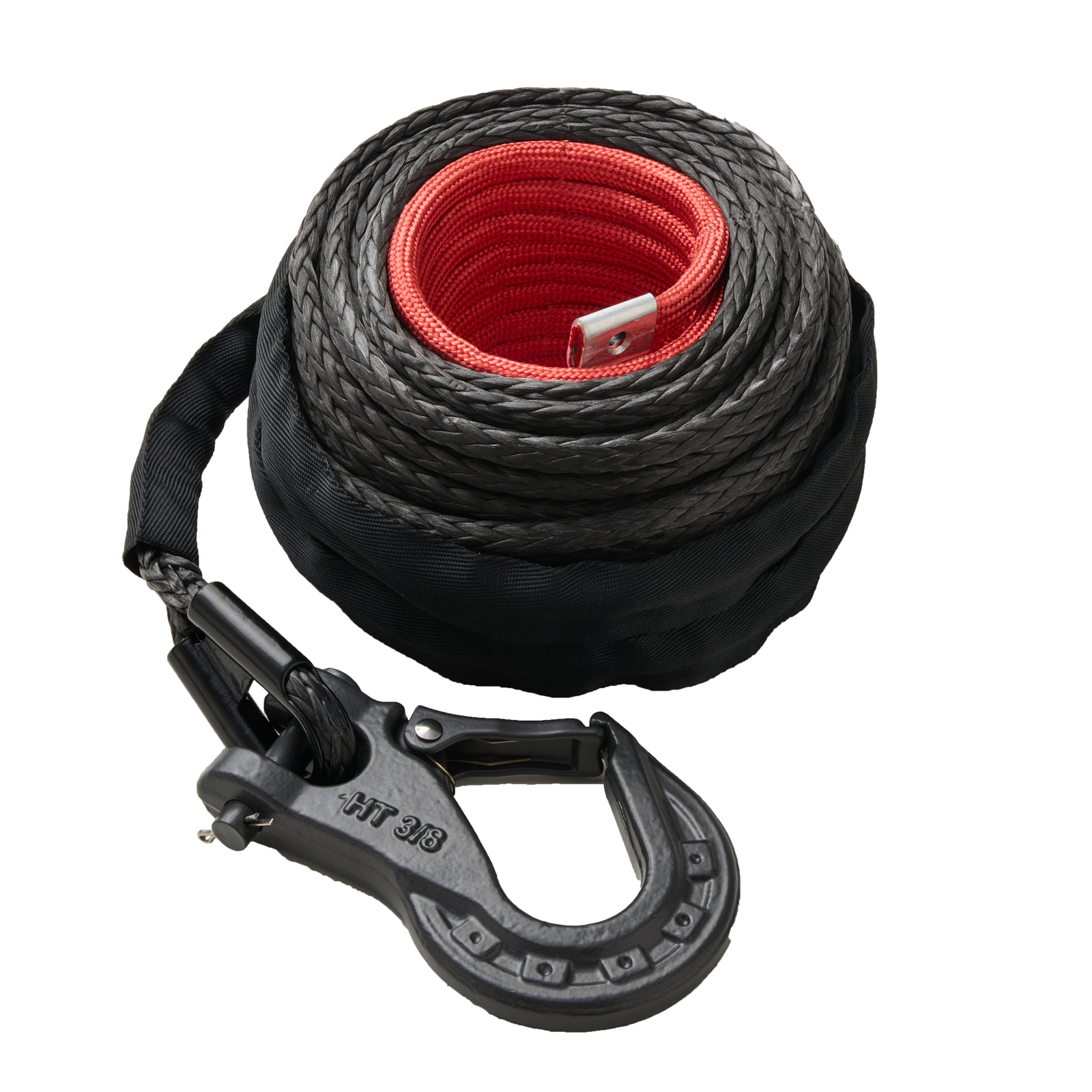 Black Winch Rope 3/8'' x 80' Winch Line with 3.8ft Protective Sleeve, Forged Winch Hook, Safety Pull Strap for 4WD Road Vehicle Truck SUV Jeep