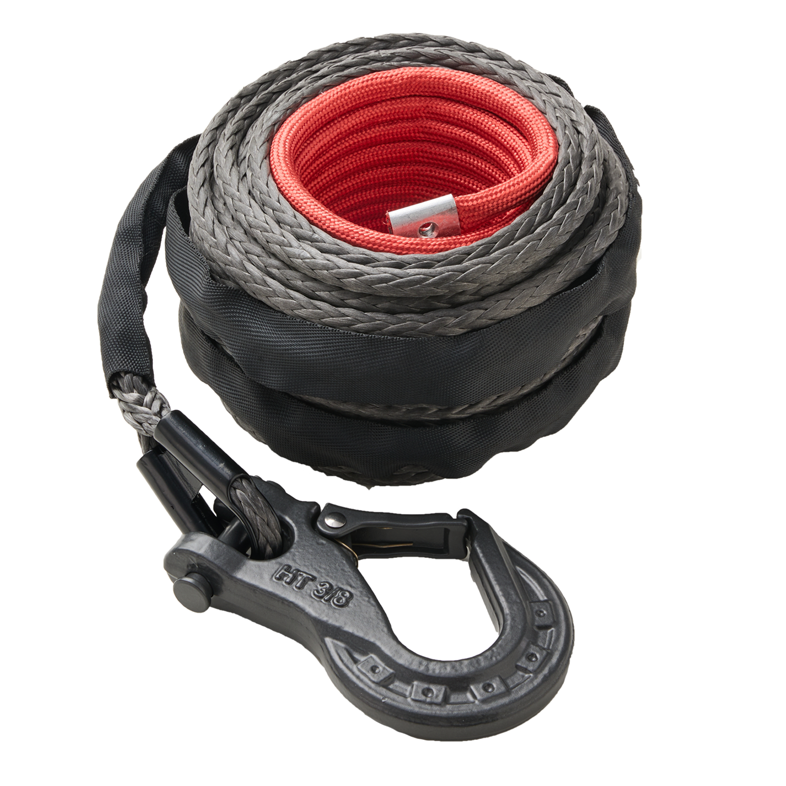 3/8 Inch x 80 Feet Synthetic Winch Rope Extension 23,000 Lbs for Off Road Vehicle SUV Gray with Heavy-Duty Hook and Safety Strap