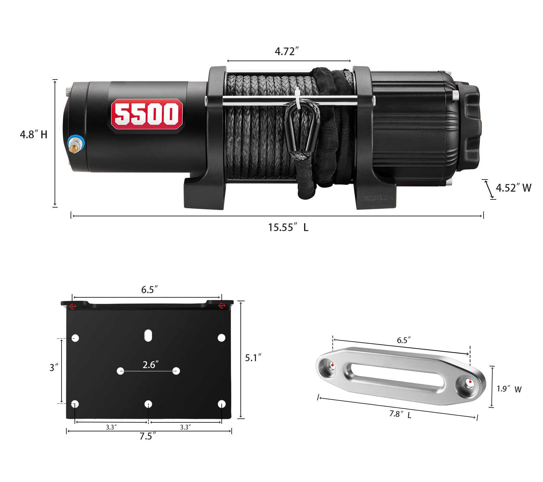 5500 lb Synthetic Rope Winch, with Wireless Remote Bracket, Handlebar Switch, for ATV UTV Powersports Off Road