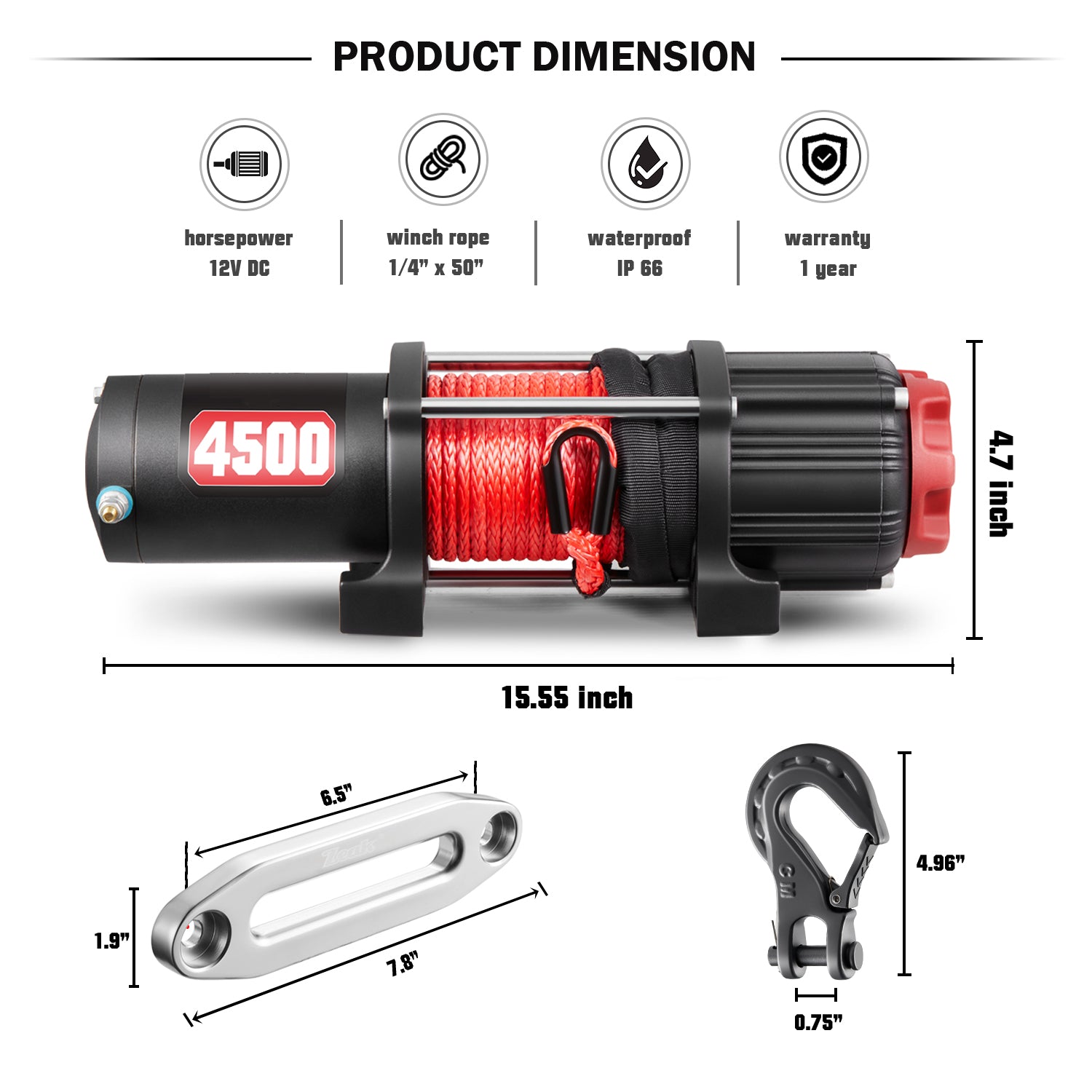 AOTOWO ATV Winch 4500lbs 12V Electric Winch, Synthetic Rope UTV Winch for Off Road Trailer Towing Winch, with Mounting Bracket/Wireless Remote Control